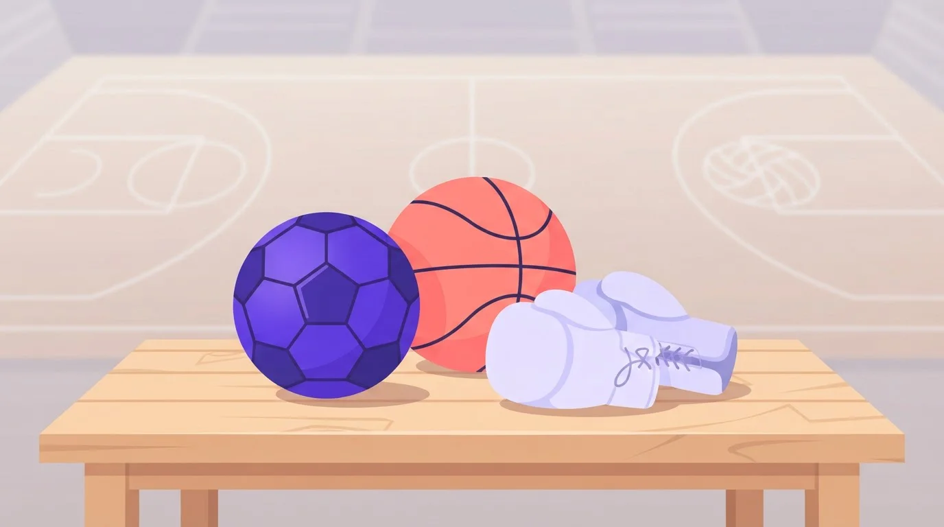 Fußball, Basketball und Boxhandschuhe auf einem Holztisch