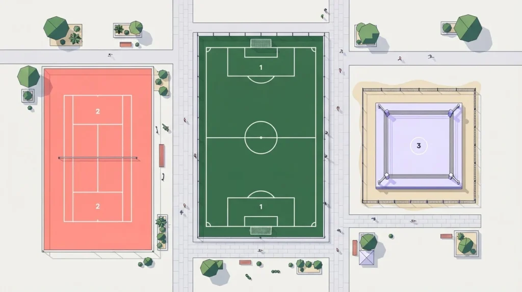 Fußballfeld, Basketballplatz und Kampfsportfläche aus der Vogelperspektive