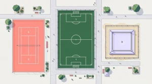 Fußballfeld, Basketballplatz und Kampfsportfläche aus der Vogelperspektive